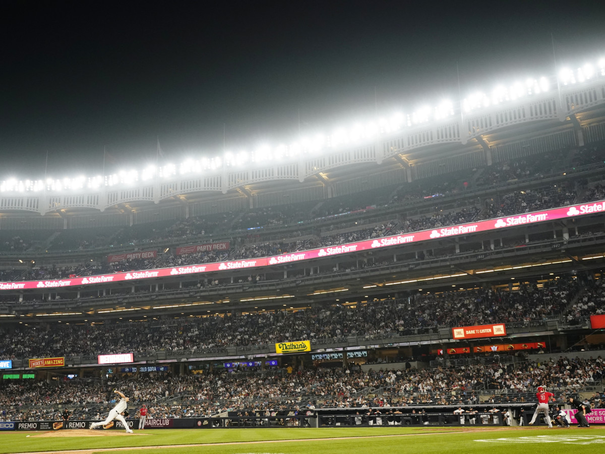 New York Yankees’ Jameson Taillon pitches to Los Angeles Angels’ Taylor Ward during the seventh inning in the second baseball game of a doubleheader Thursday, June 2, 2022, in New York.